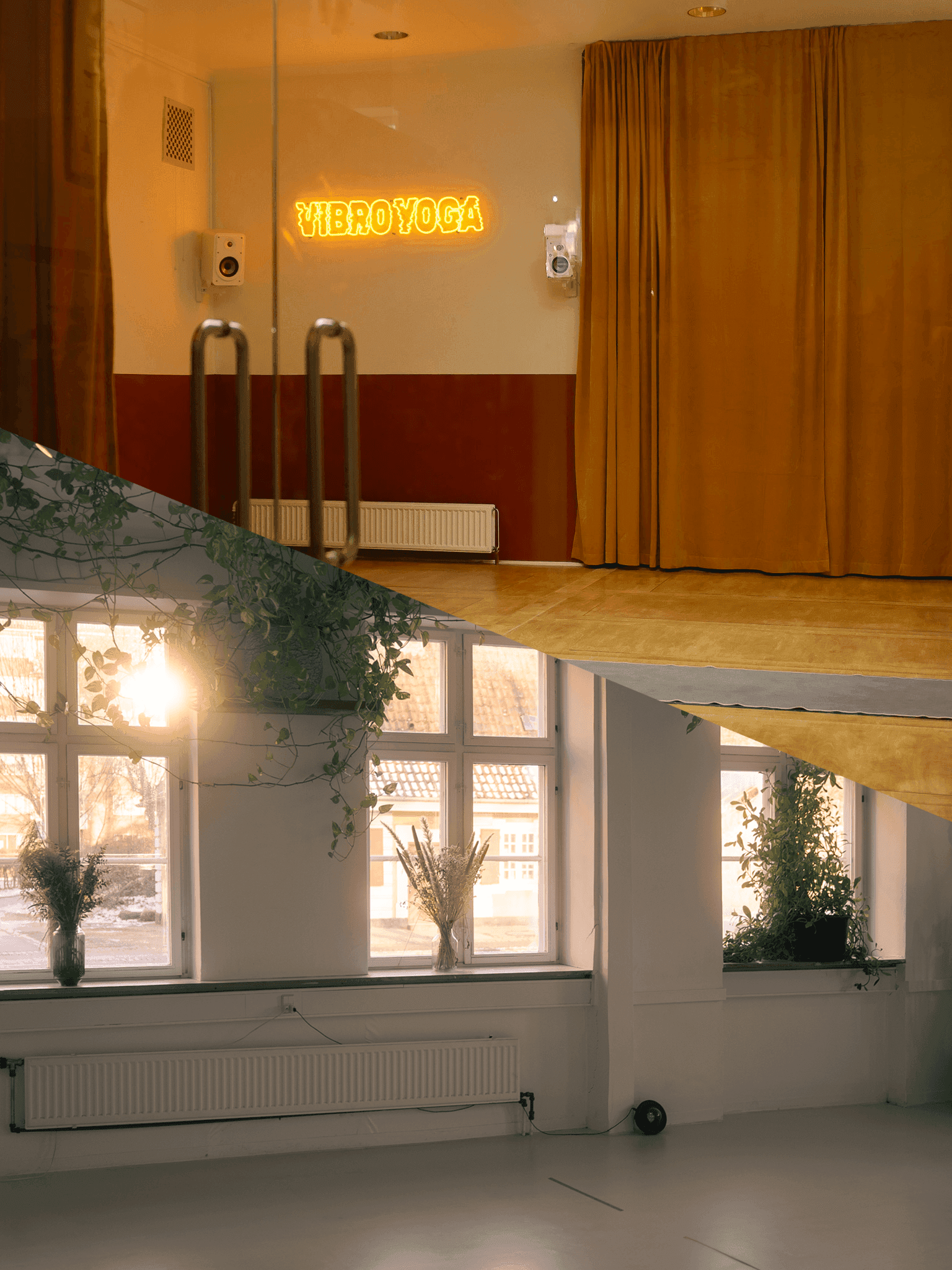 Both studios at Hot Yoga Copenhagen — hot yoga room and vibro yoga room